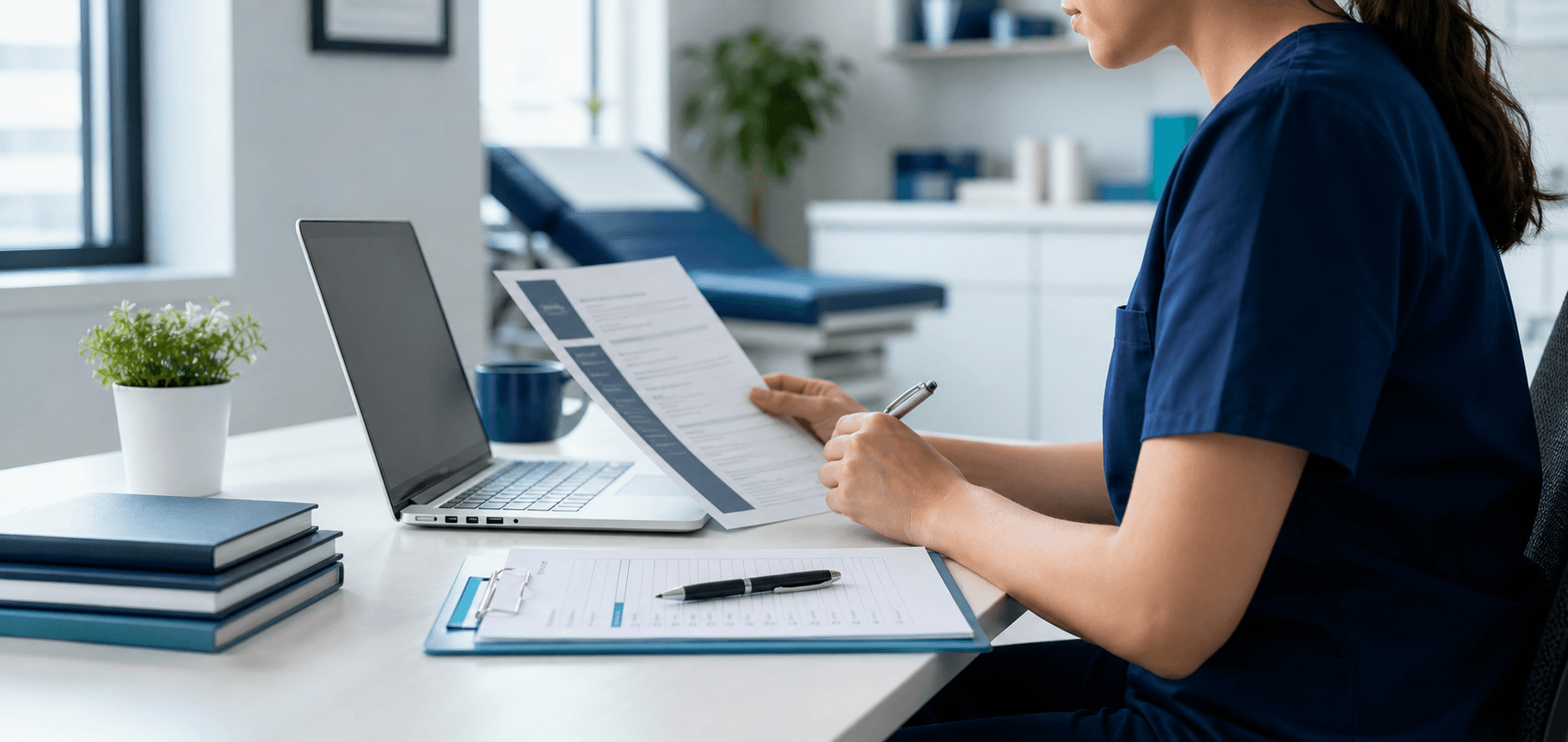 Healthcare professional reviewing a CV and professional credentials