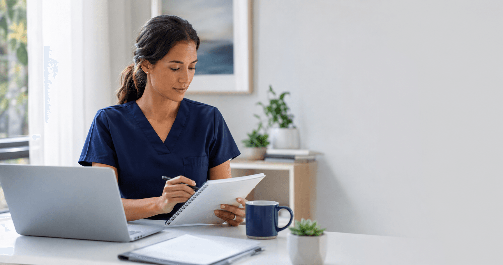 Healthcare professional preparing notes for an interview
