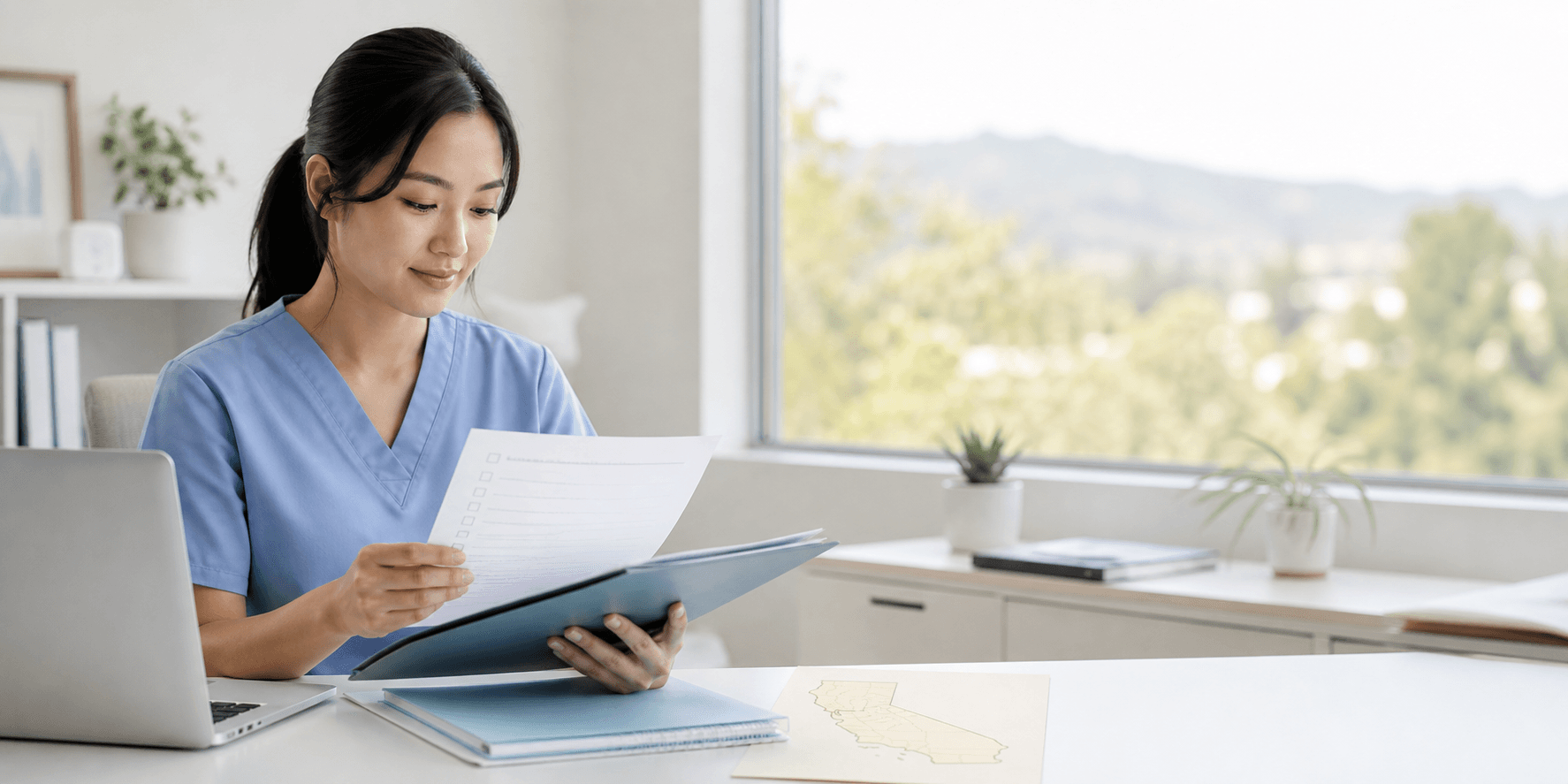 Healthcare professional reviewing California licensure documents
