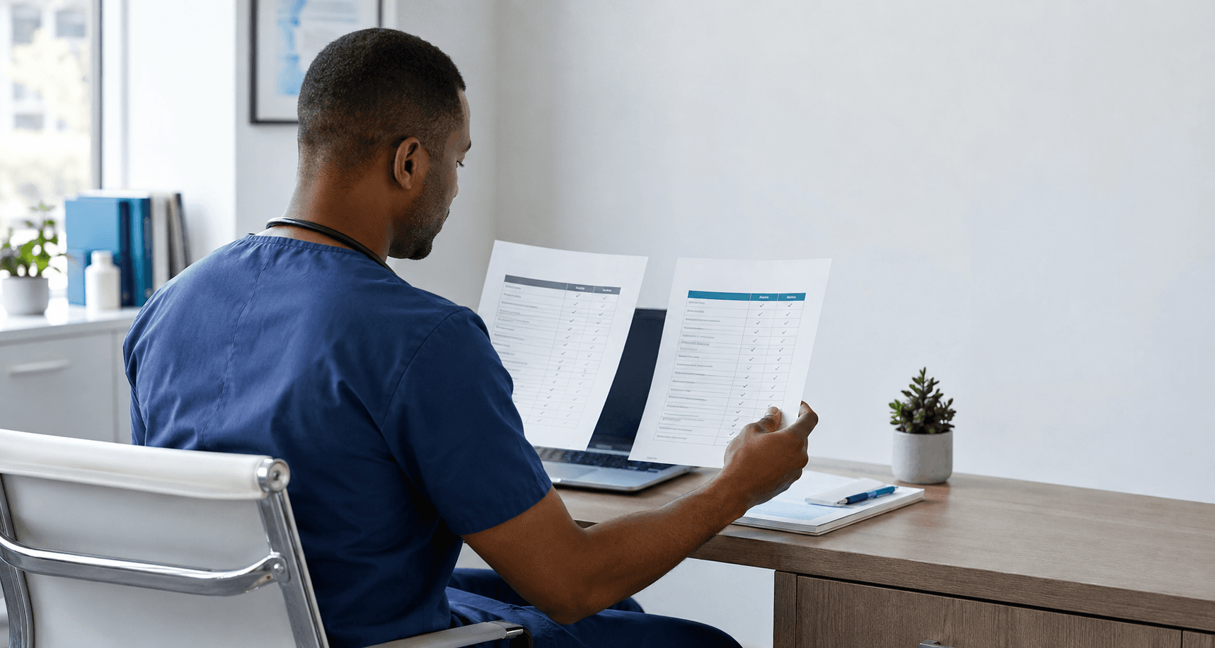 Healthcare professional comparing two job offers at a desk