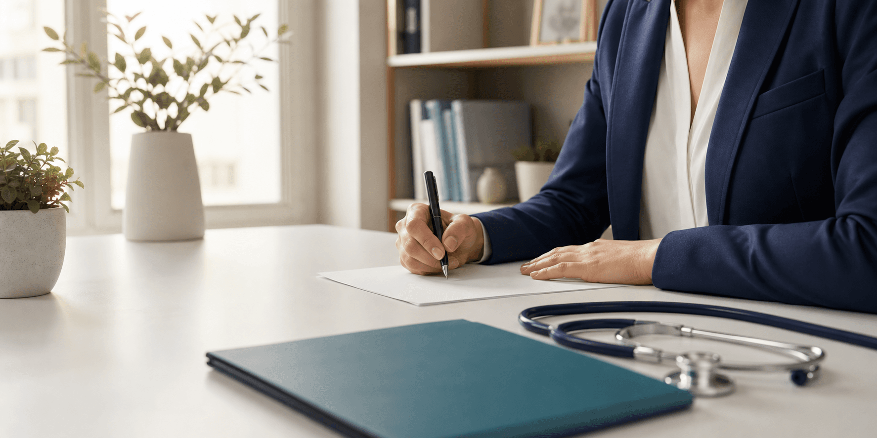 Healthcare professional writing a tailored cover letter at a desk