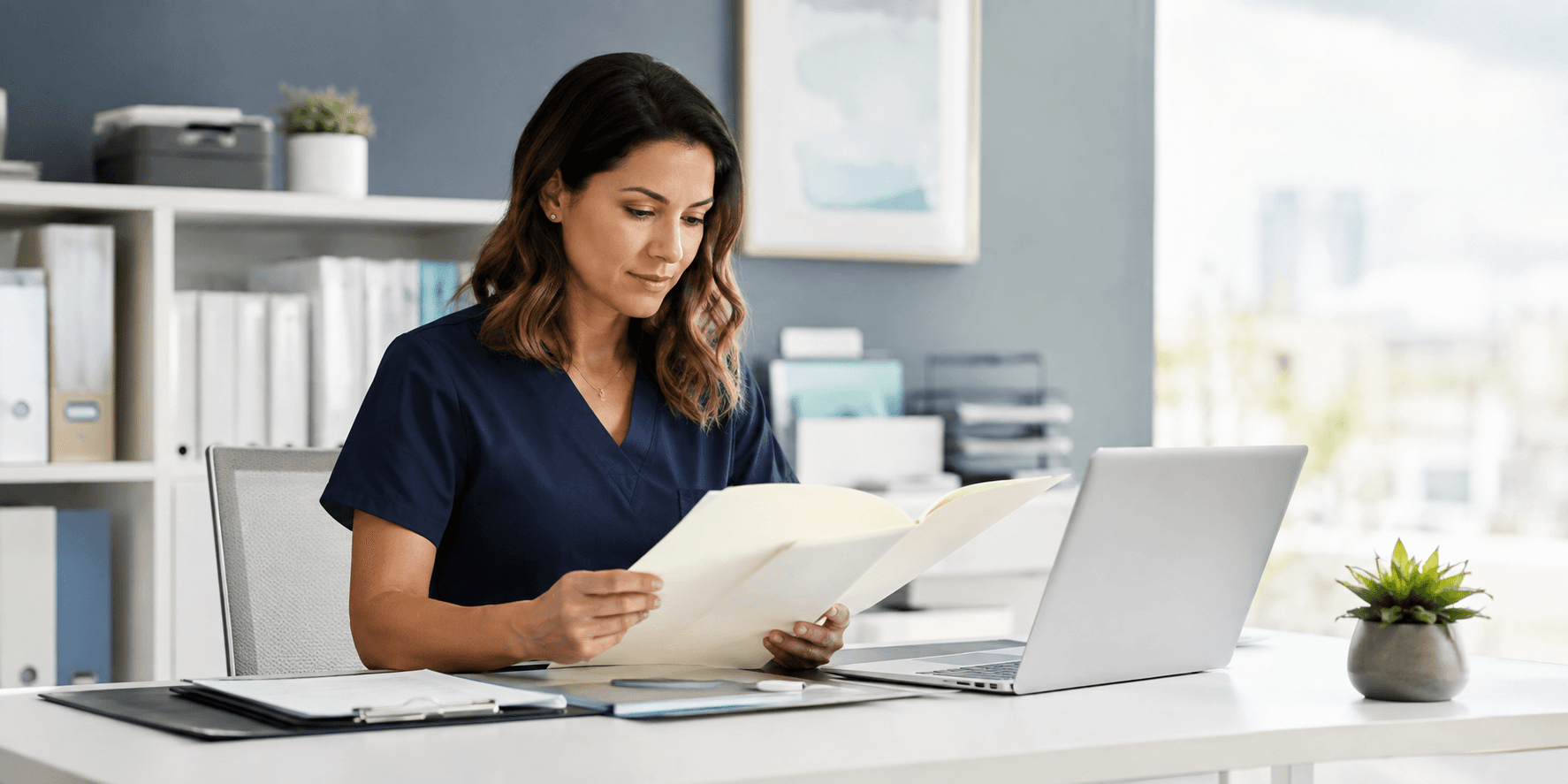 Healthcare professional reviewing an offer and credentialing checklist