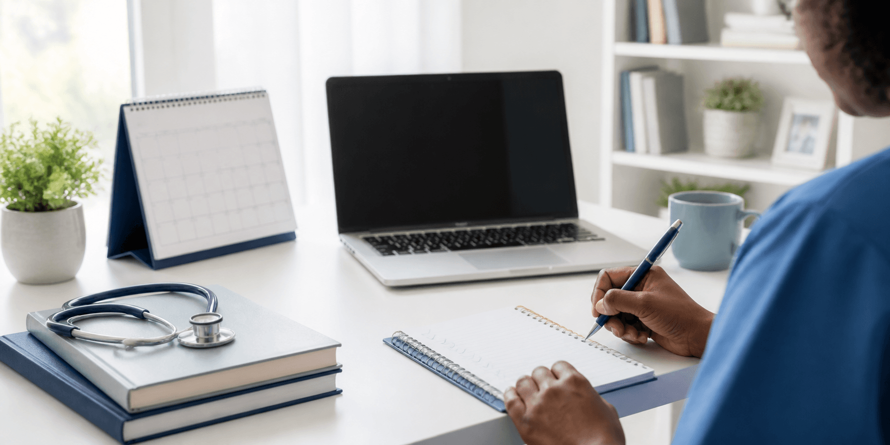 Healthcare professional planning a job search with a calendar and notebook