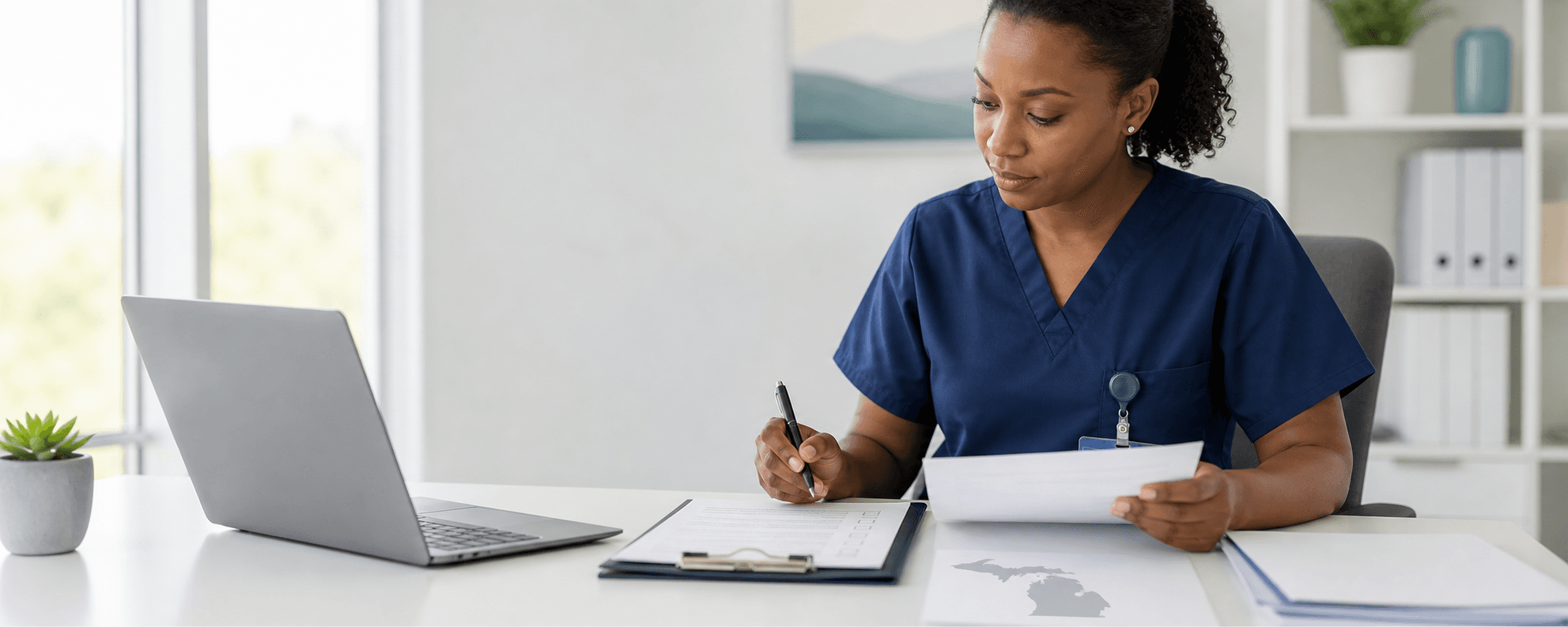 Healthcare professional reviewing Michigan licensure documents